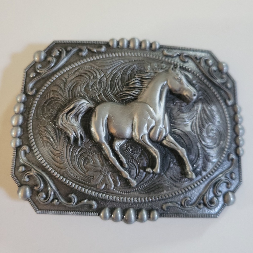 Western Horse Belt Buckle Silver Tone Engraved Floral Scrollwork  Large